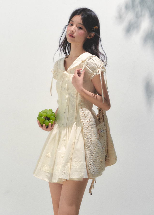 Embroidered Bubble Sleeve Tea Dress