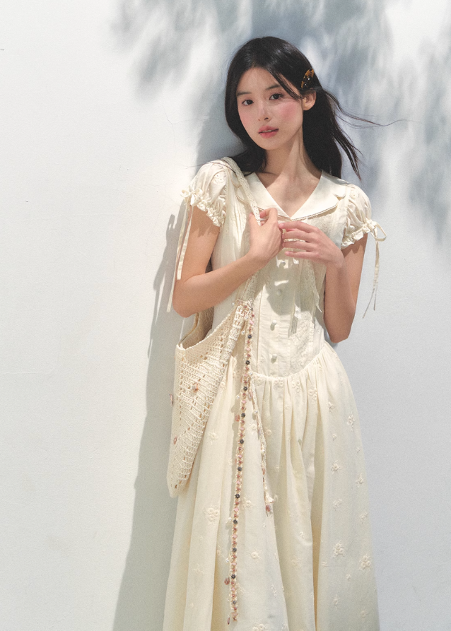 Embroidered Bubble Sleeve Tea Dress