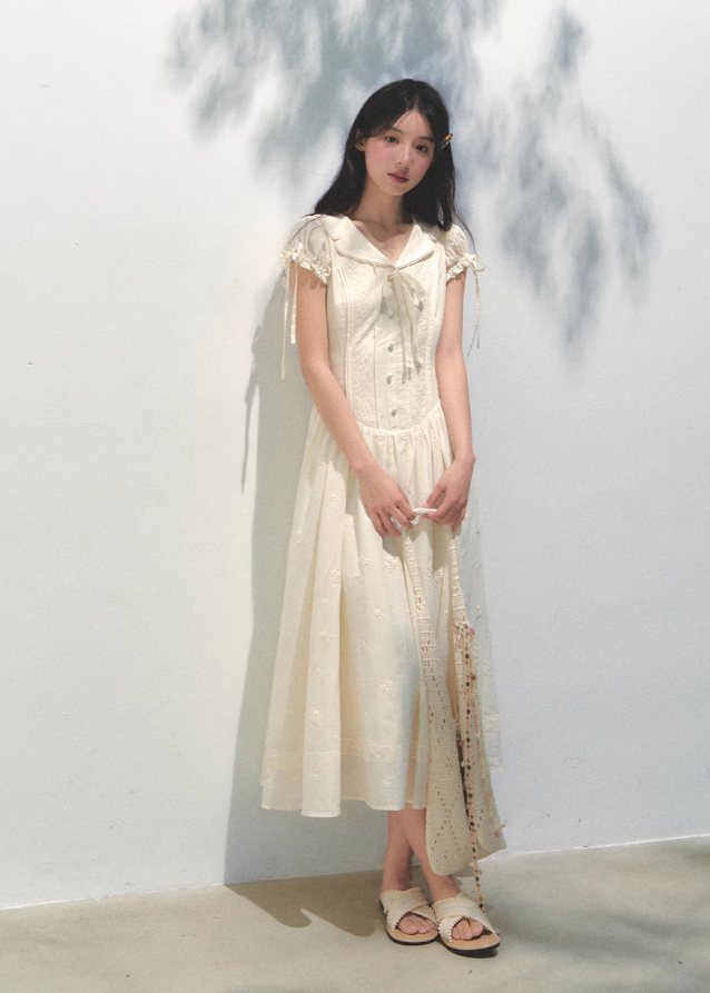 Embroidered Bubble Sleeve Tea Dress