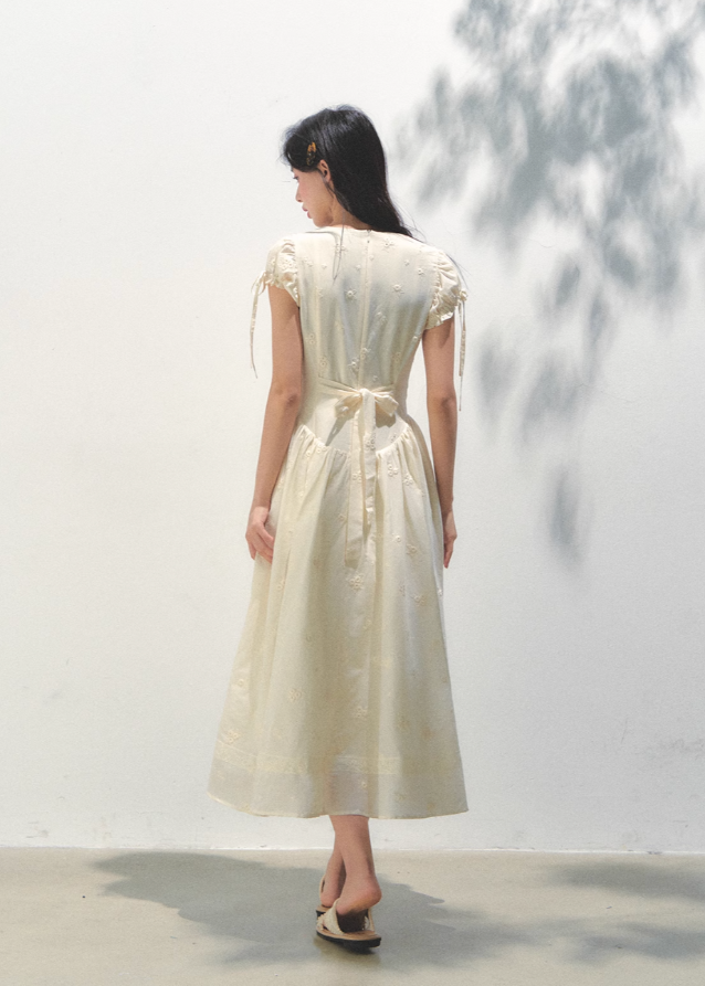 Embroidered Bubble Sleeve Tea Dress
