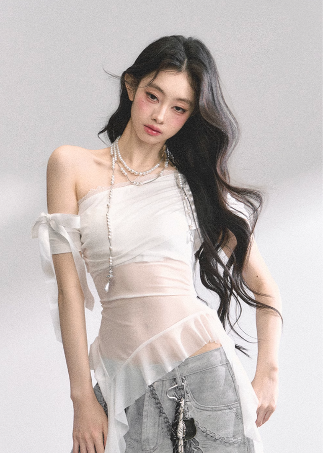 Sheer Mesh Off-Shoulder T-Shirt Main Image