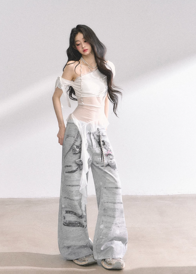 Sheer Mesh Off-Shoulder T-Shirt