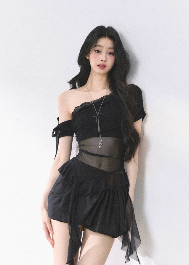 Sheer Mesh Off-Shoulder T-Shirt