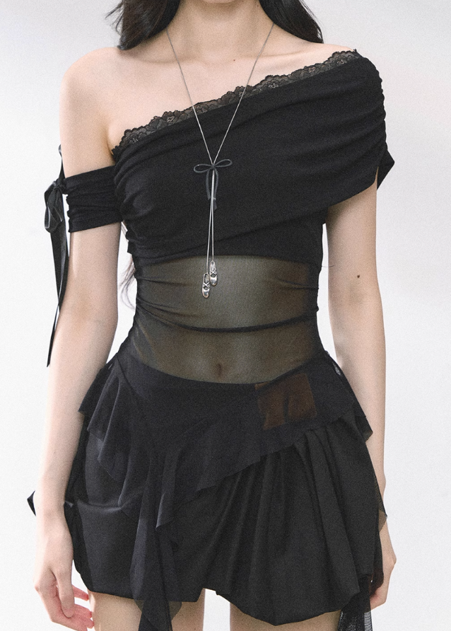 Sheer Mesh Off-Shoulder T-Shirt