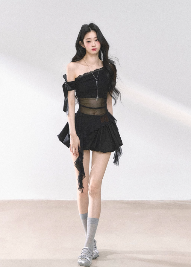 Sheer Mesh Off-Shoulder T-Shirt