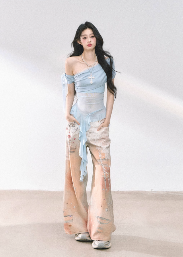 Sheer Mesh Off-Shoulder T-Shirt