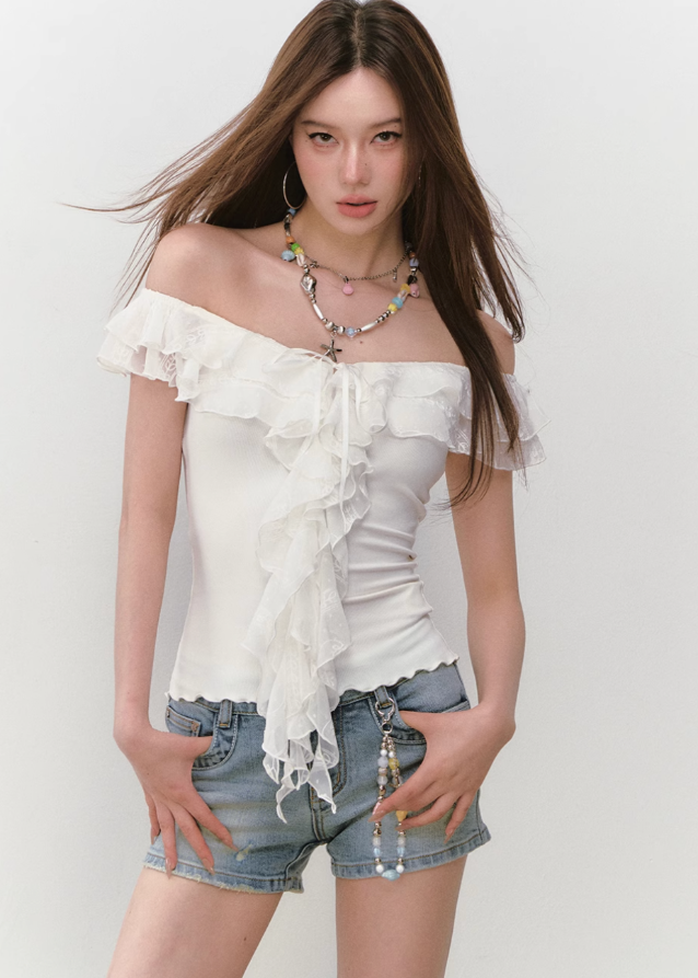 Lace Ribbon V-Neck Cinched Waist Top