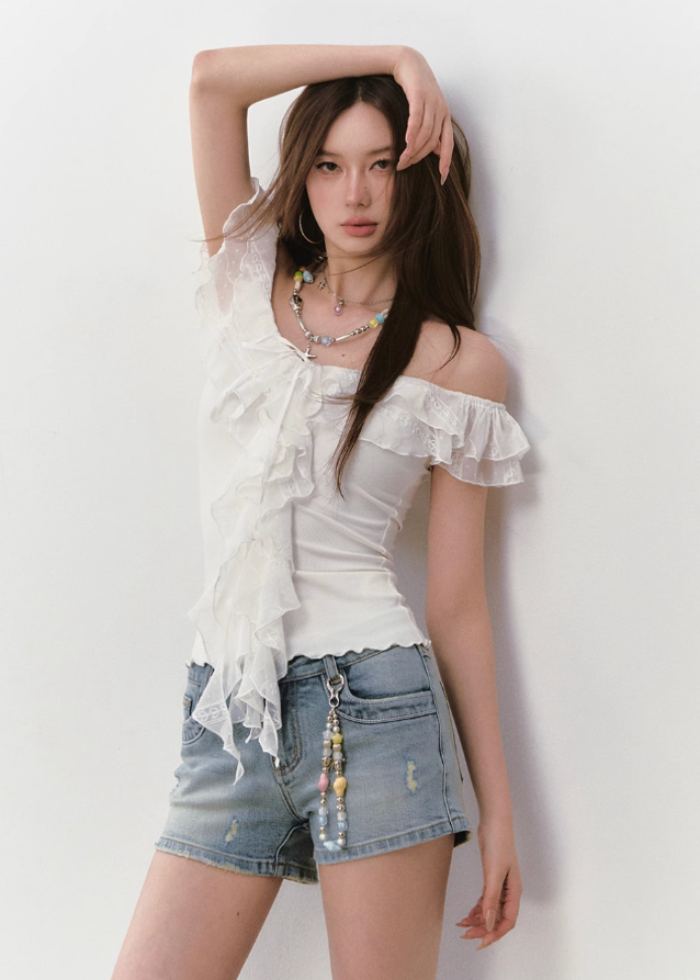 Lace Ribbon V-Neck Cinched Waist Top