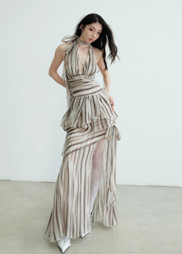 Textured Print Deep V Two-Piece Dress Set