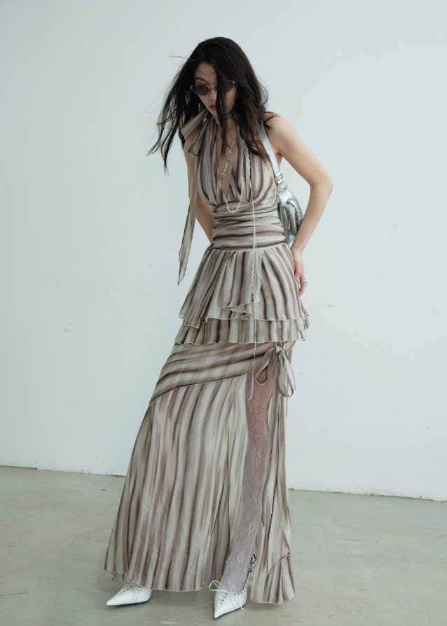 Textured Print Deep V Two-Piece Dress Set