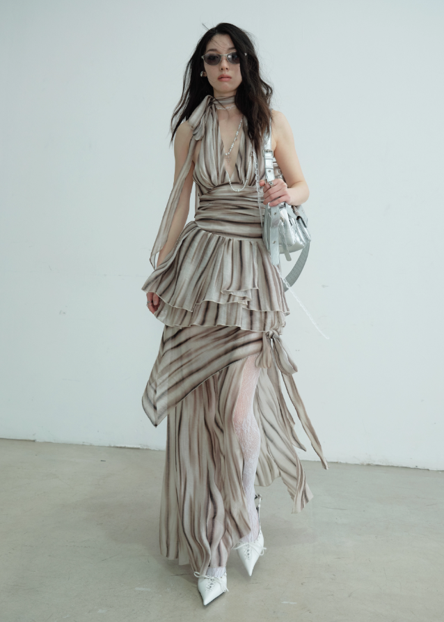 Textured Print Deep V Two-Piece Dress Set
