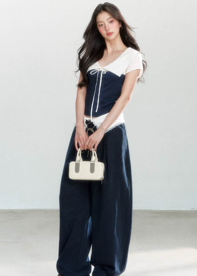 Lace-Waist Wide Leg Pants