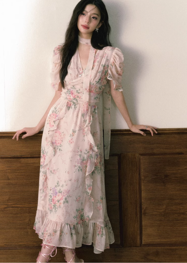 Floral v-neck chiffon dress Hover Image