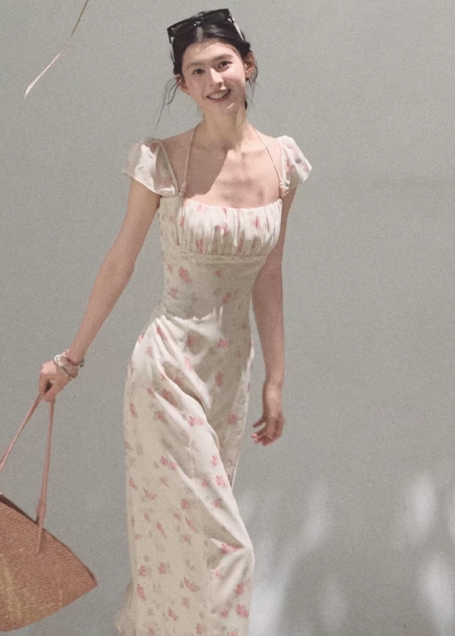Original Flower Beaded Halter Slim Dress