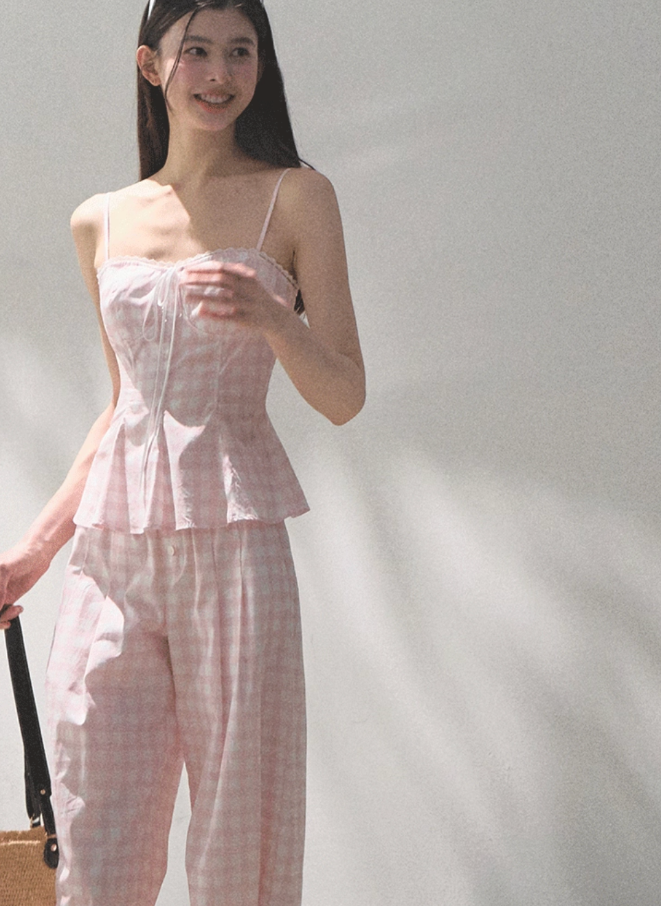 Silk Hemp Strap Grid Wide-Leg Pants Vacation Set