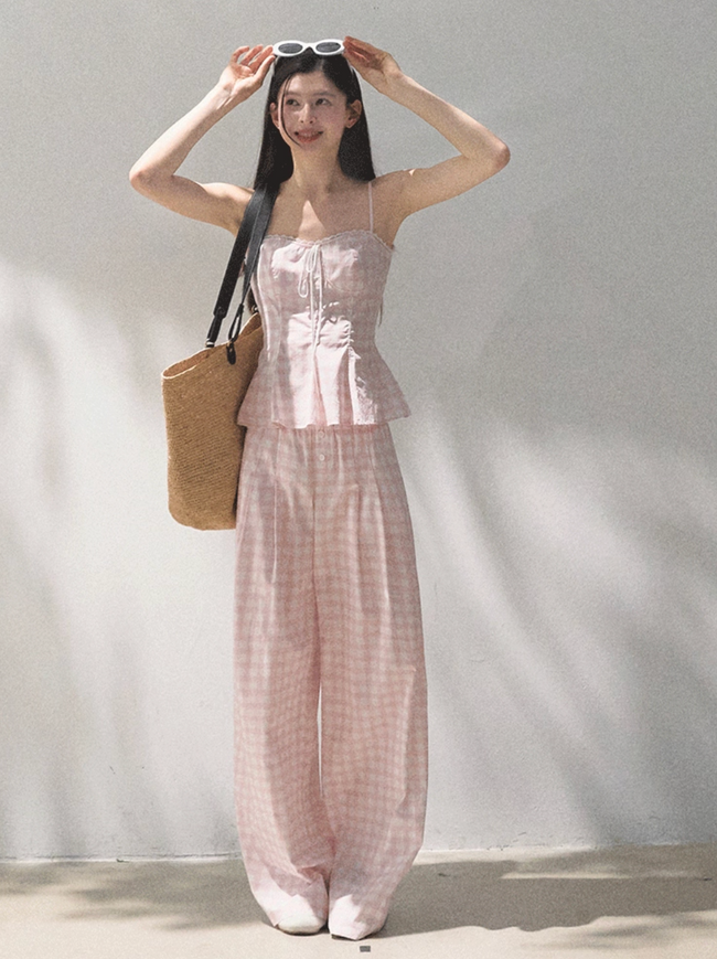Silk Hemp Strap Grid Wide-Leg Pants Vacation Set Main Image