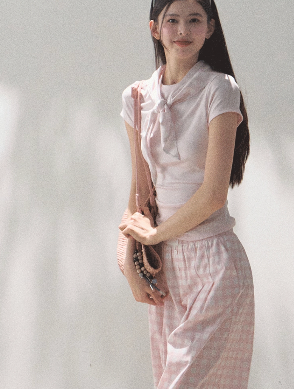 Silk Hemp Strap Grid Wide-Leg Pants Vacation Set
