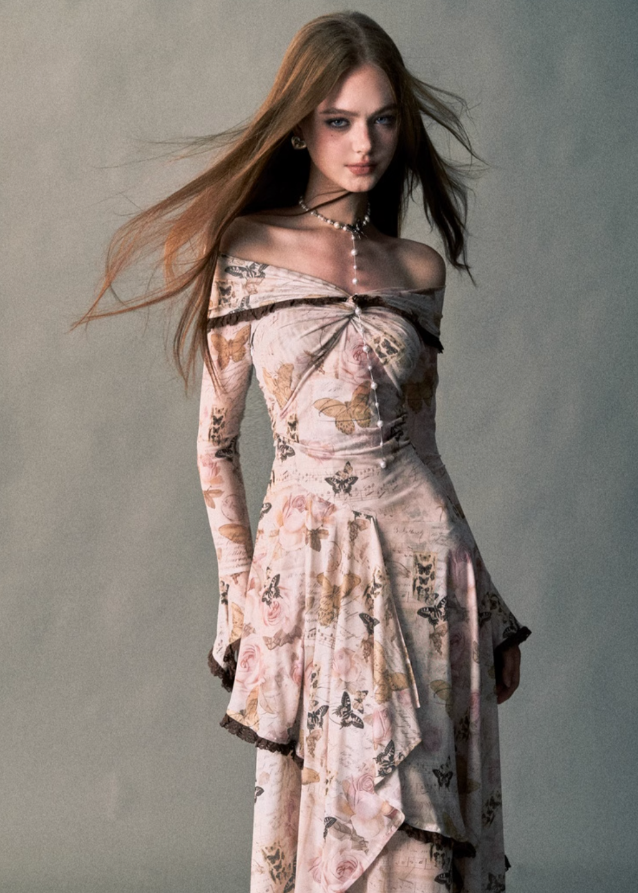 Rose Butterfly One-Shoulder Swing Long Dress