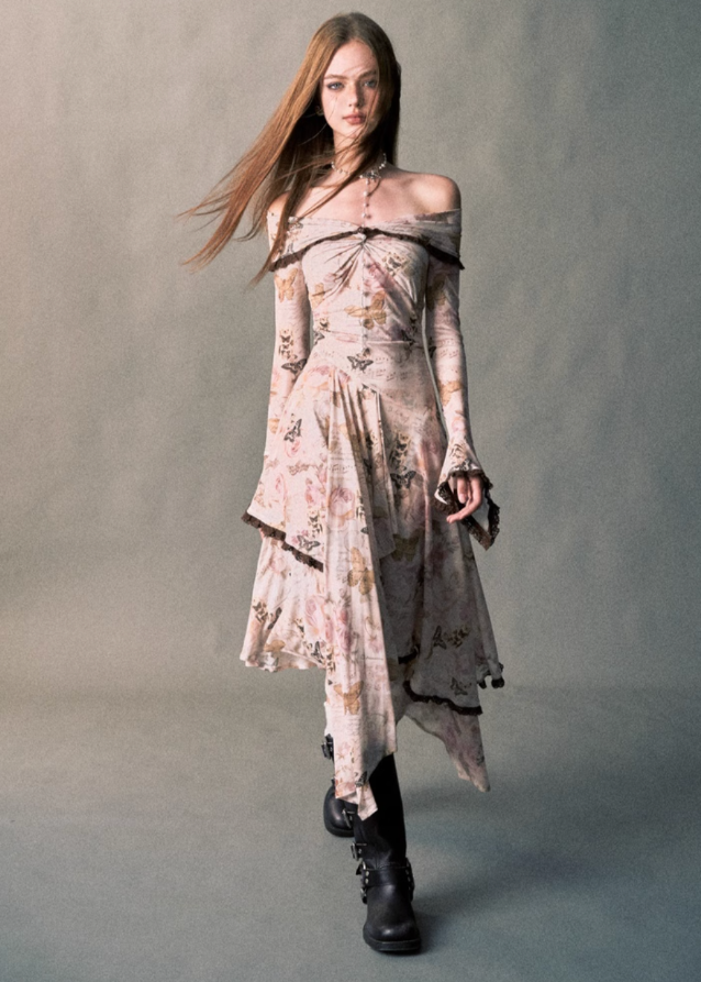 Rose Butterfly One-Shoulder Swing Long Dress