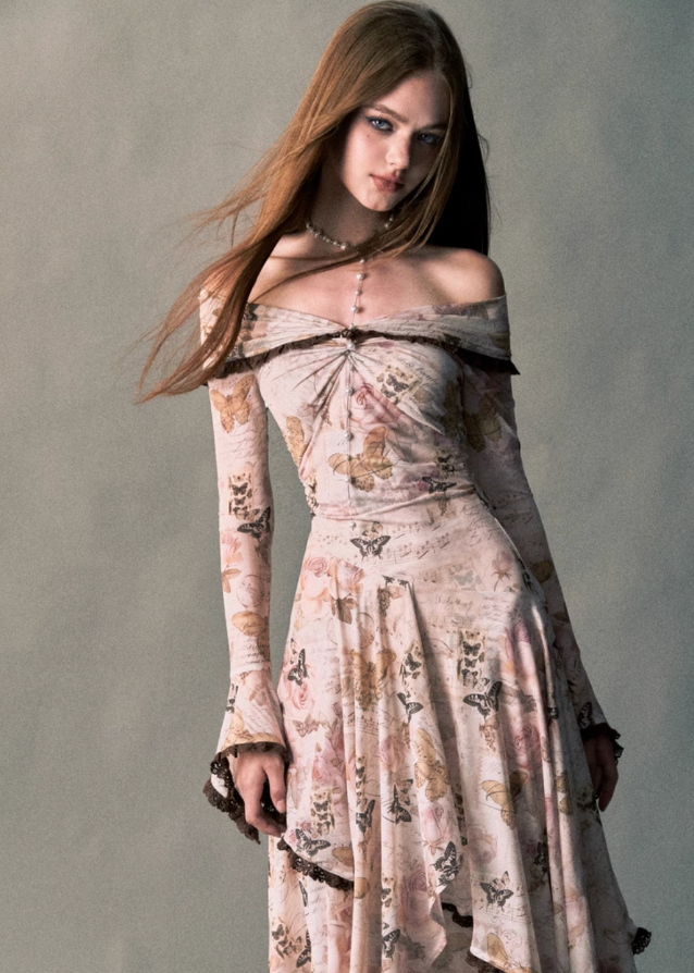 Rose Butterfly One-Shoulder Swing Long Dress Main Image