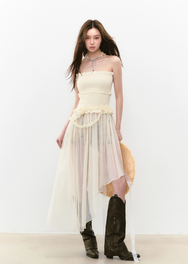 Elegant Irregular Mesh Chest-Wrap One-Shoulder Dress
