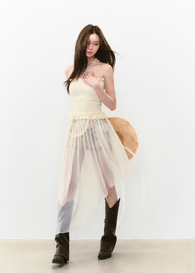 Elegant Irregular Mesh Chest-Wrap One-Shoulder Dress Main Image