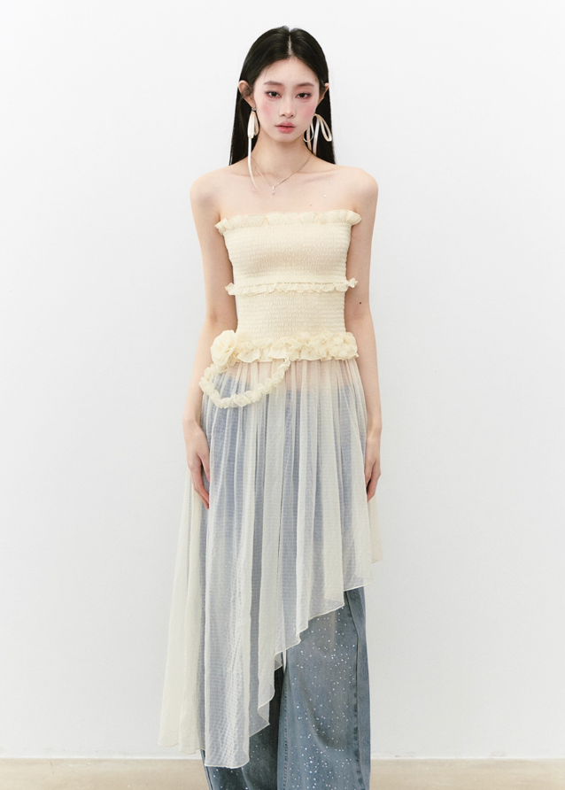 Elegant Irregular Mesh Chest-Wrap One-Shoulder Dress
