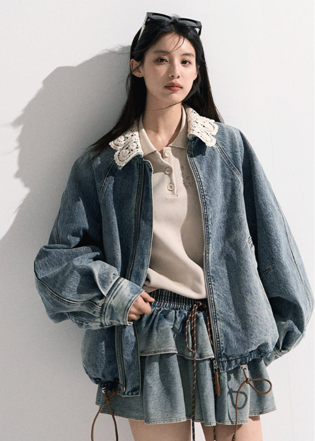 Denim Padded Jacket Set  Crochet Collar & Skirt