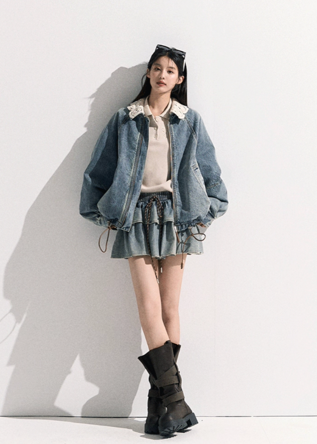 Denim Padded Jacket Set  Crochet Collar & Skirt Main Image