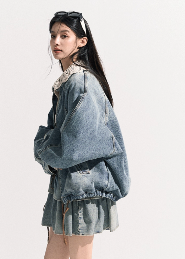 Denim Padded Jacket Set  Crochet Collar & Skirt