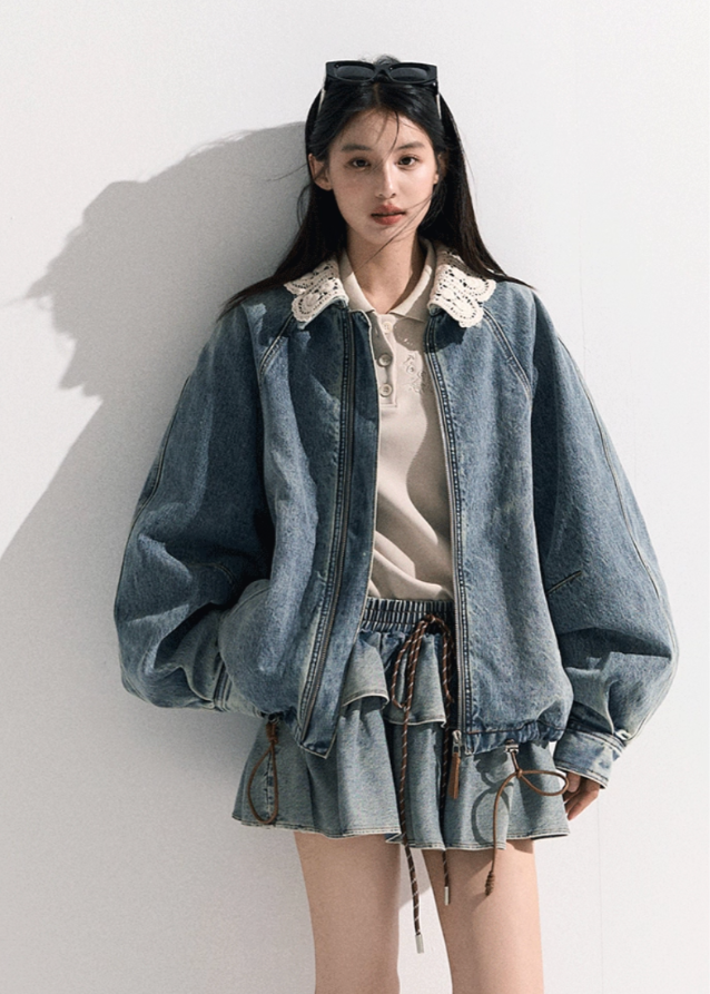Denim Padded Jacket Set  Crochet Collar & Skirt Hover Image