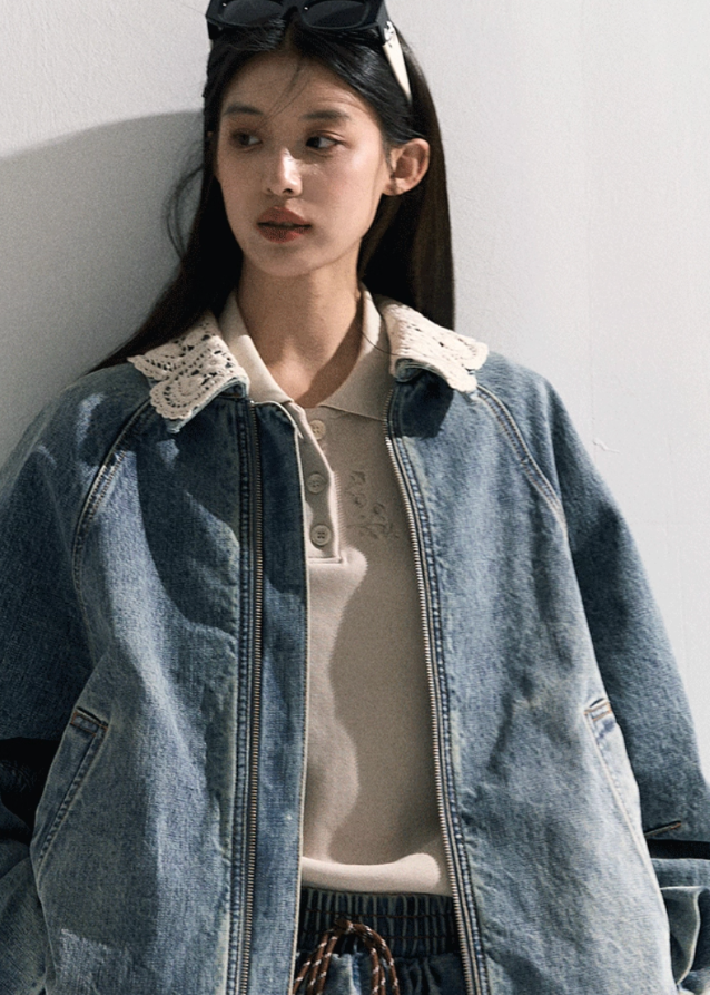 Denim Padded Jacket Set  Crochet Collar & Skirt