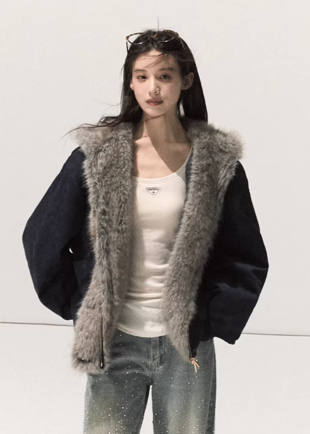 Suede Fur Jacket Hooded Outerwear
