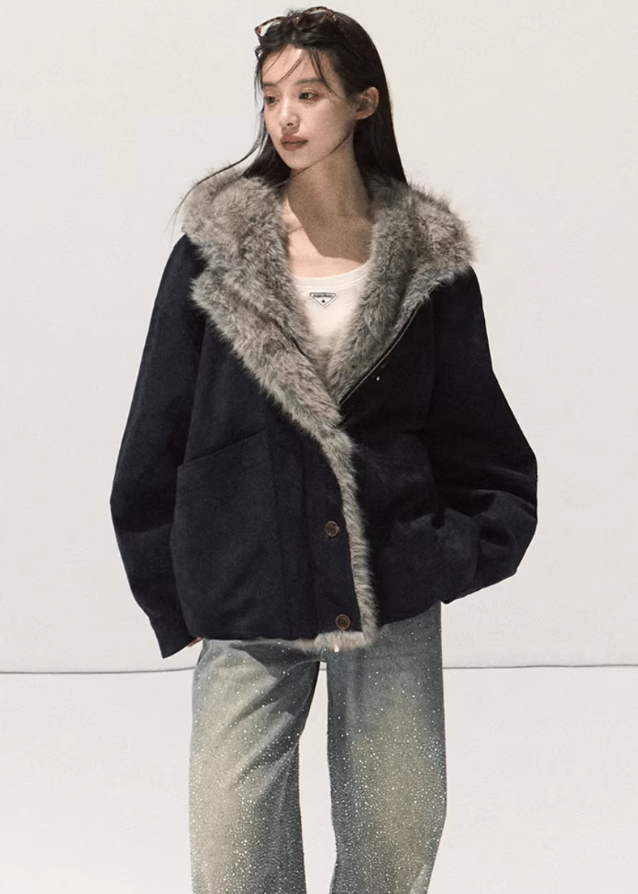 Suede Fur Jacket Hooded Outerwear