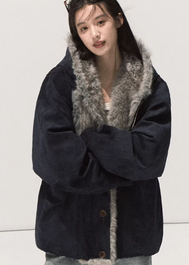 Suede Fur Jacket Hooded Outerwear