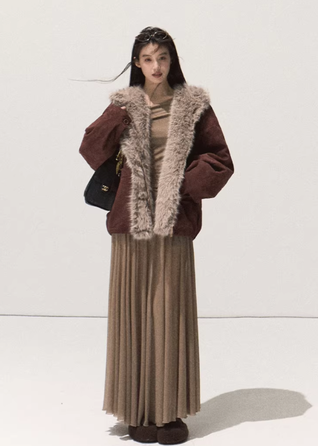 Suede Fur Jacket Hooded Outerwear