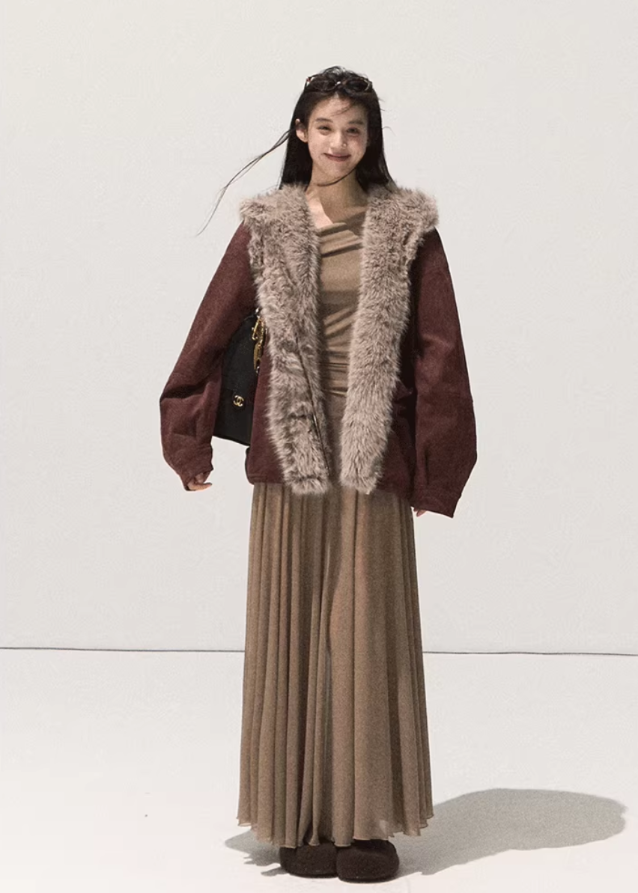 Suede Fur Jacket Hooded Outerwear
