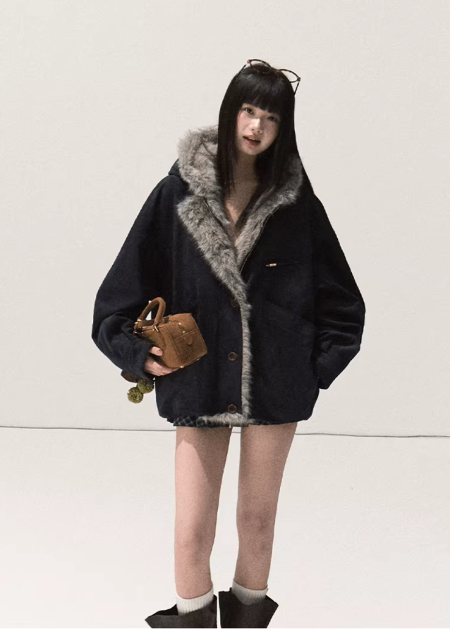 Suede Fur Jacket Hooded Outerwear