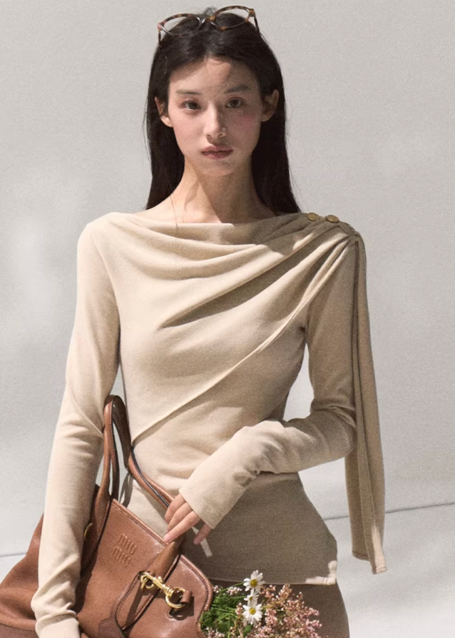 Moonlit Fold Draped Shoulder Knit Top