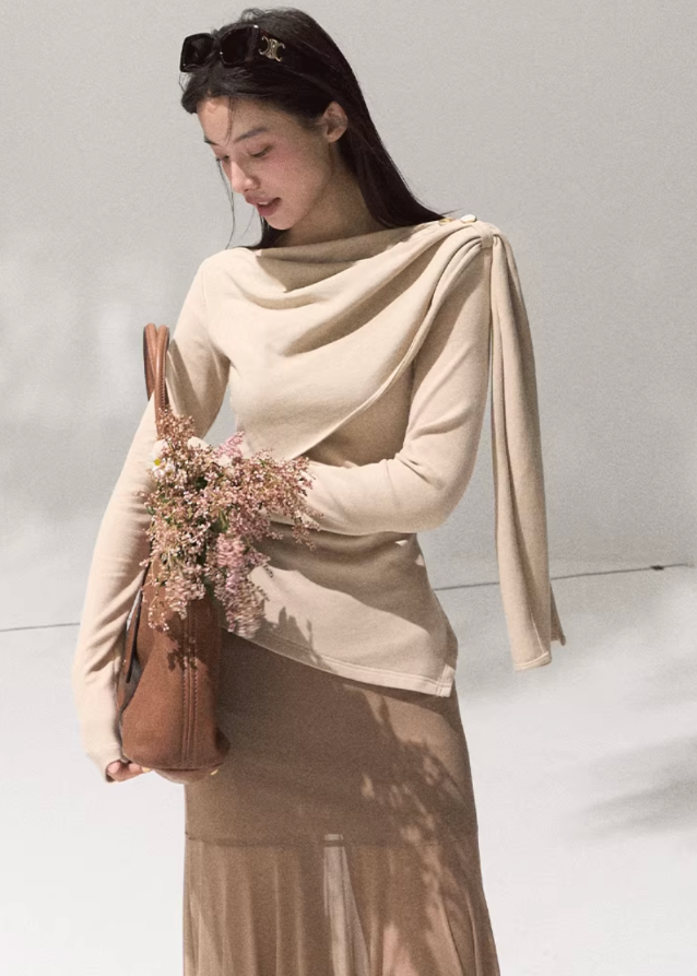 Moonlit Fold Draped Shoulder Knit Top