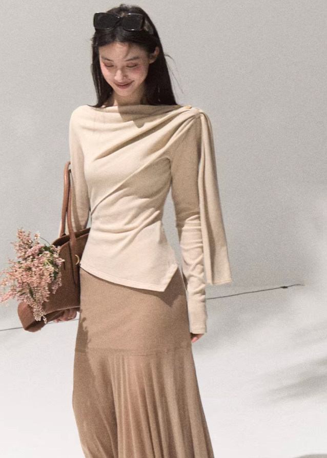 Moonlit Fold Draped Shoulder Knit Top