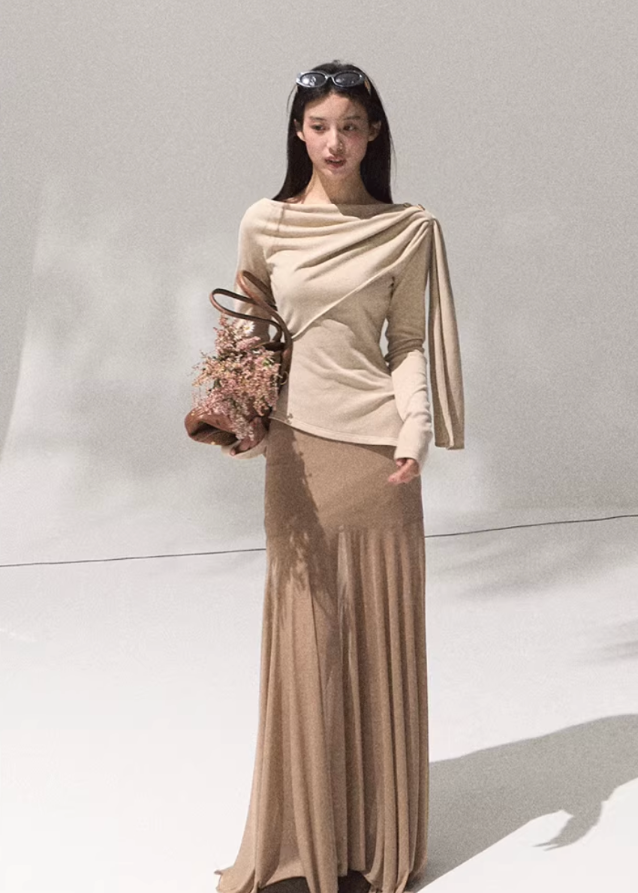 Moonlit Fold Draped Shoulder Knit Top