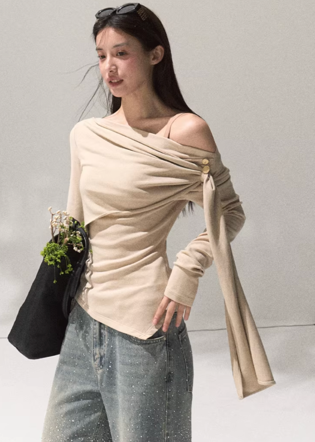 Moonlit Fold Draped Shoulder Knit Top