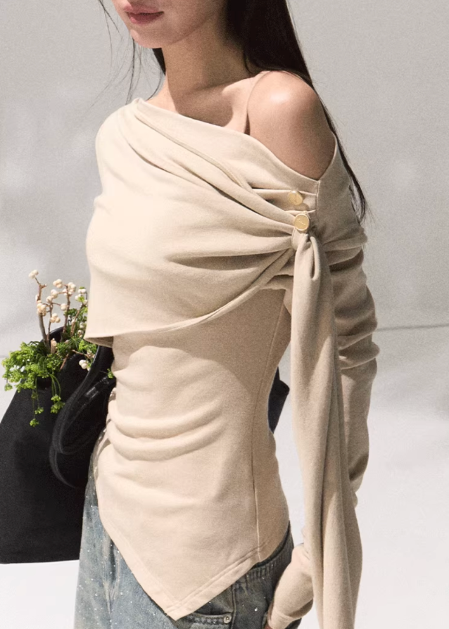 Moonlit Fold Draped Shoulder Knit Top
