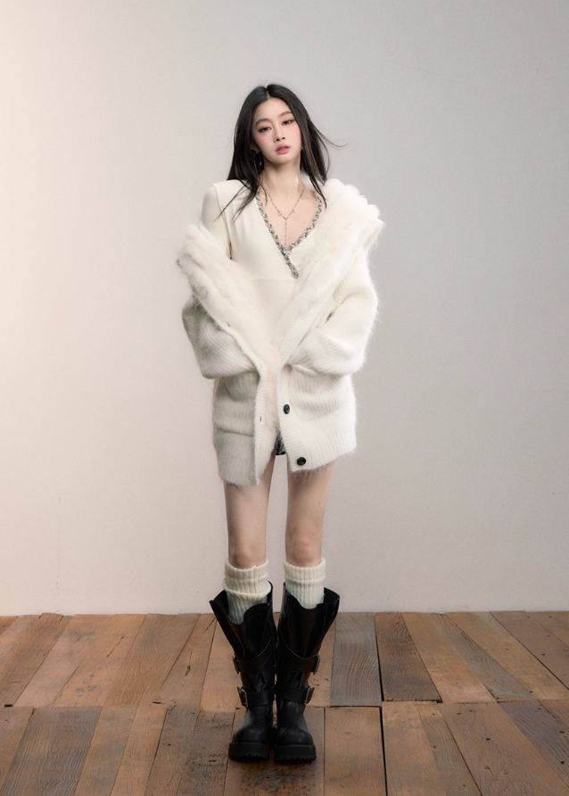 Luxe Pelt Lapel Sweater Jacket
