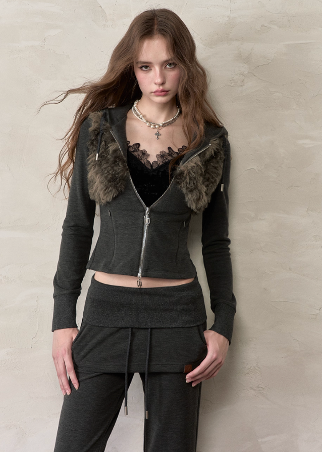Fur Crest Zip Hoodie Jacket Set-Up