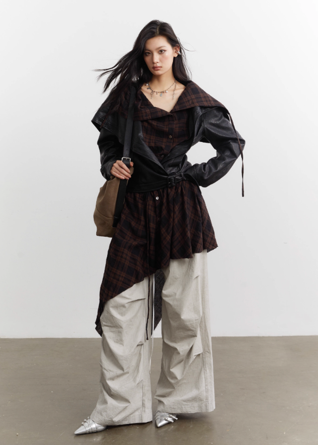Urban Layered Plaid Apron PU Jacket Set