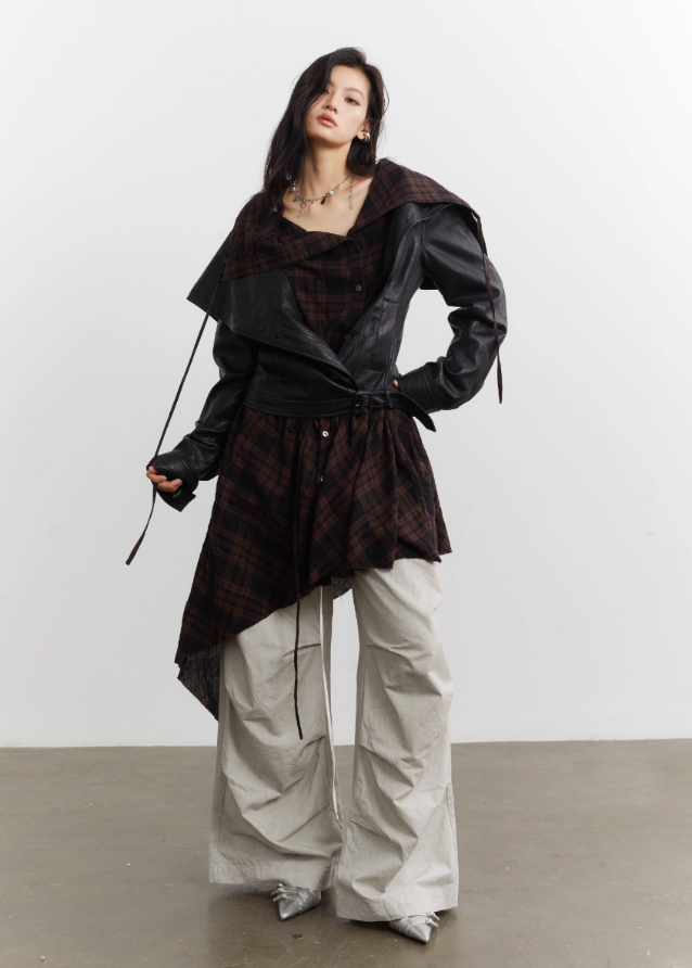 Urban Layered Plaid Apron PU Jacket Set