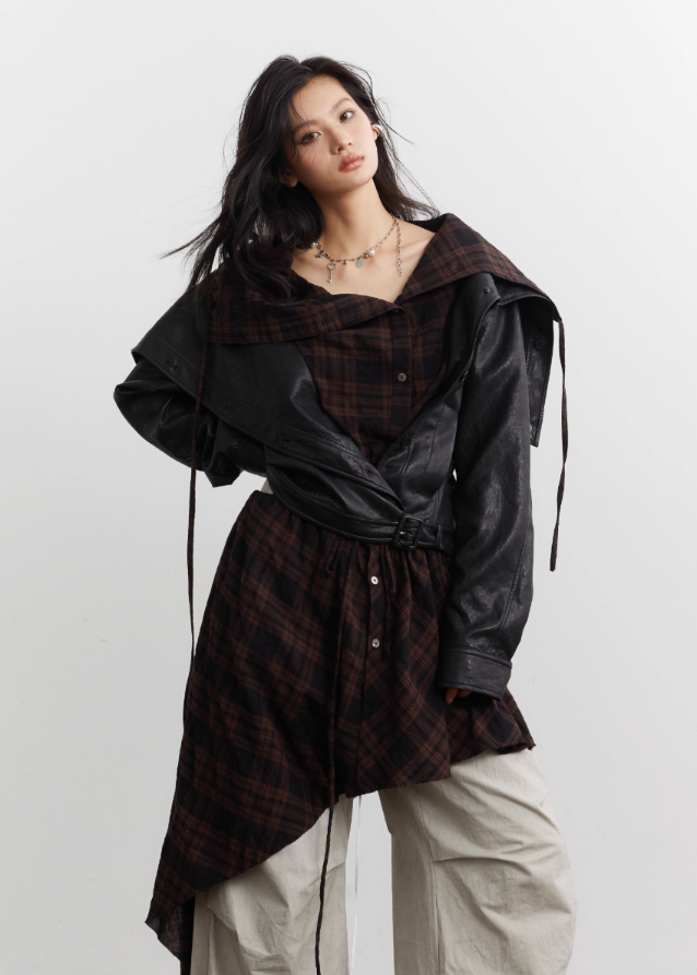 Urban Layered Plaid Apron PU Jacket Set