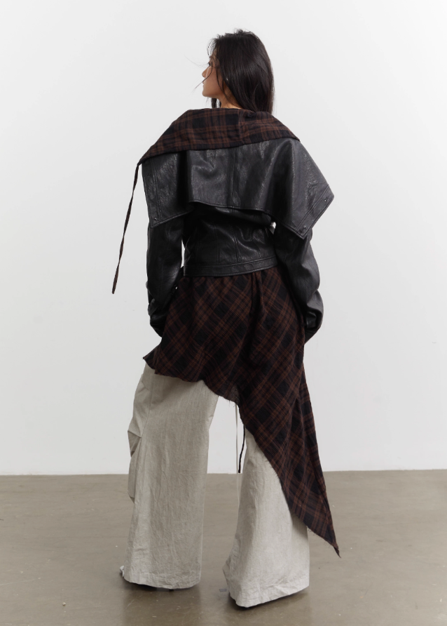 Urban Layered Plaid Apron PU Jacket Set